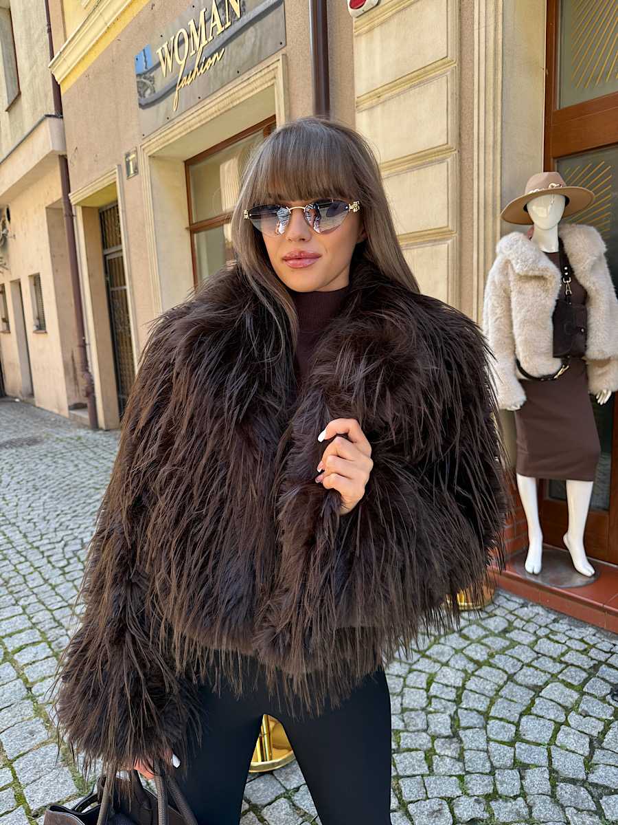NB782 Eleganckie Futerko Damskie Lama z Kołnierzem Brązowe