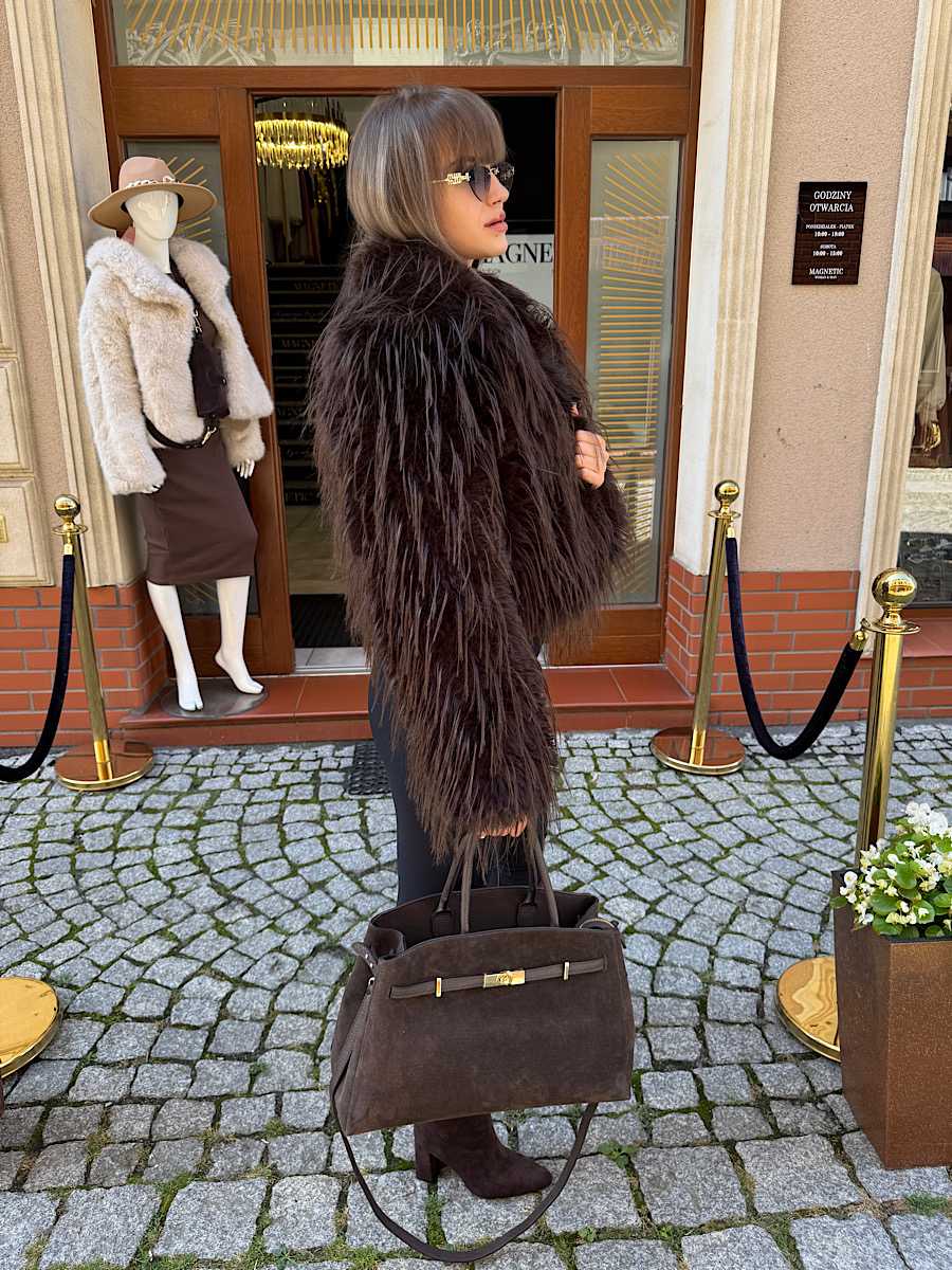 NB782 Eleganckie Futerko Damskie Lama z Kołnierzem Brązowe