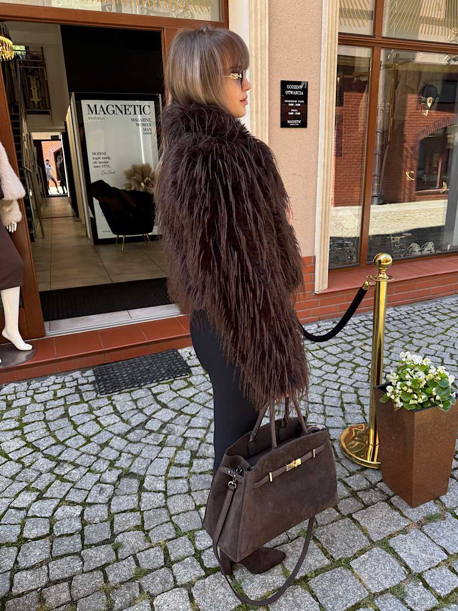 NB782 Eleganckie Futerko Damskie Lama z Kołnierzem Brązowe