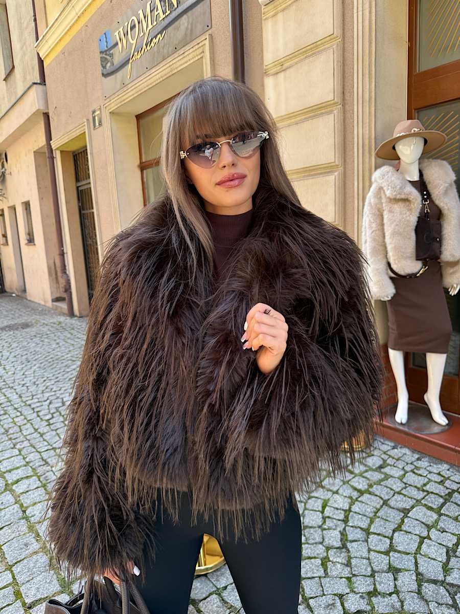 NB782 Eleganckie Futerko Damskie Lama z Kołnierzem Brązowe