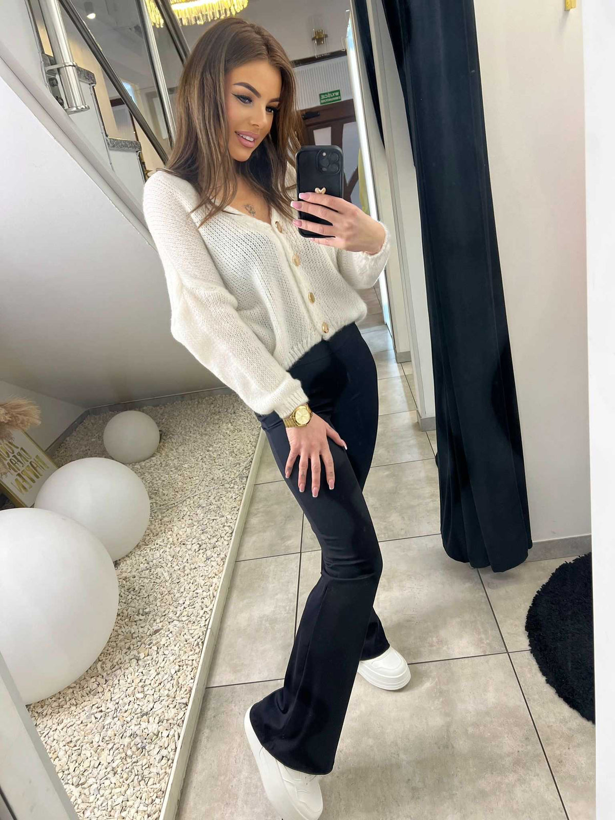 SW148 Sweter Kardigan Oversize Złote Guziki Biały