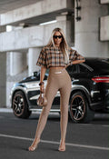LM670 Spodnie Legginsy Damskie La Monne Line Prążek z Naszywką Ciemny Beż