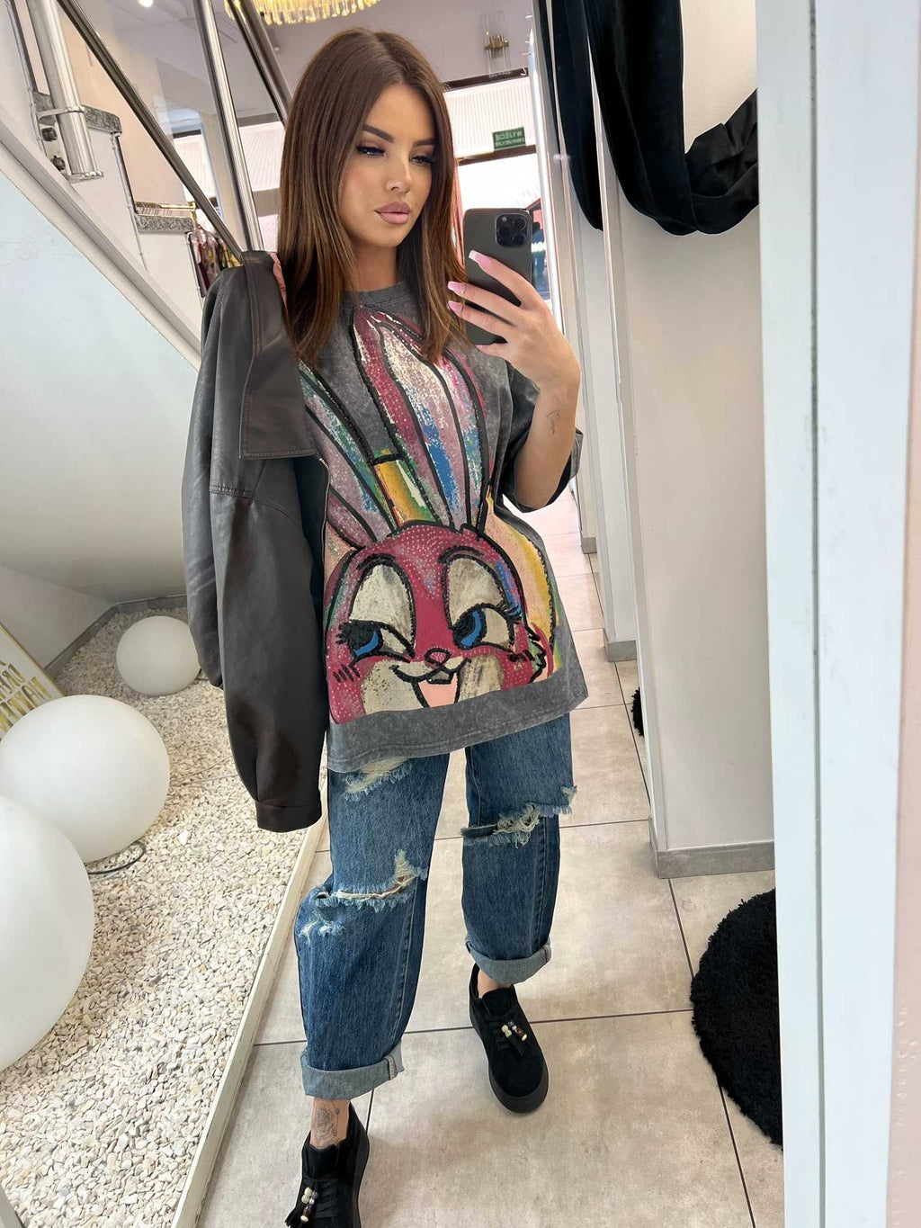 NB650 T-shirt Damski Vintage Oversize z Naszywką