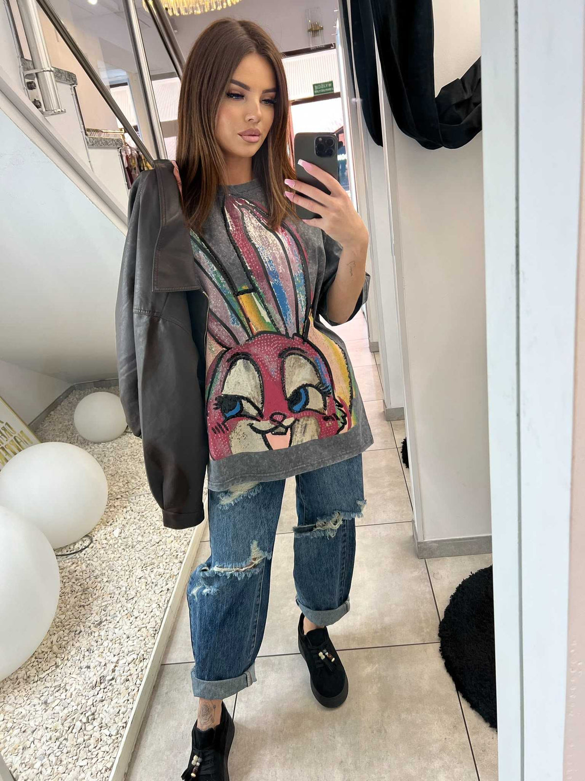 NB650 T-shirt Damski Vintage Oversize z Naszywką