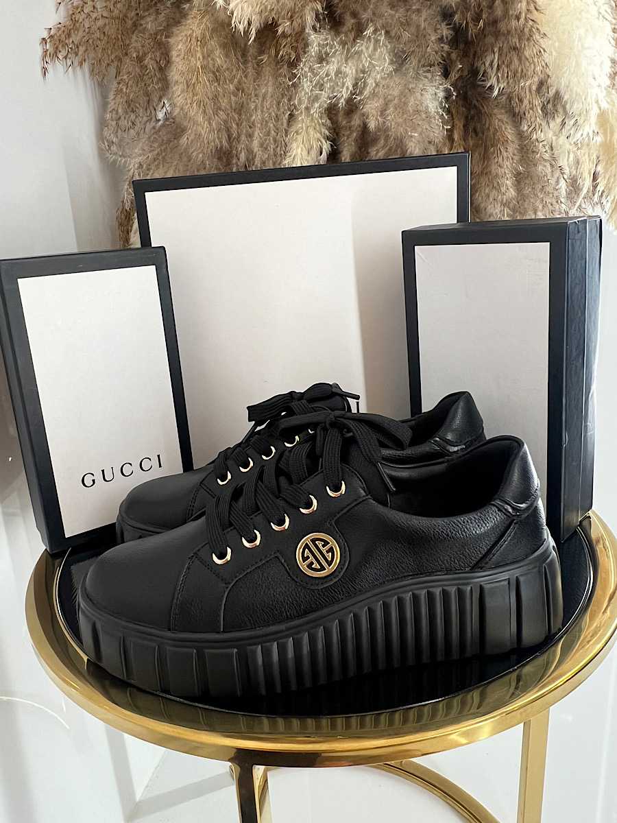 B685 Buty Sneakersy Damskie Premium Skóra Naturalna Czarne na Platformie