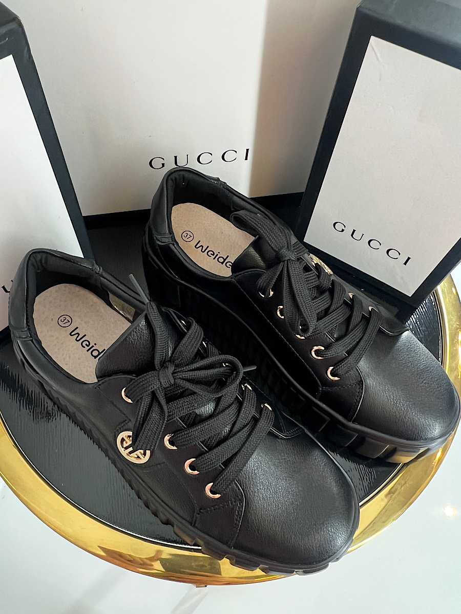 B685 Buty Sneakersy Damskie Premium Skóra Naturalna Czarne na Platformie