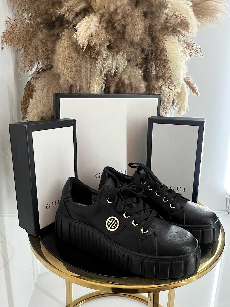 B685 Buty Sneakersy Damskie Premium Skóra Naturalna Czarne na Platformie