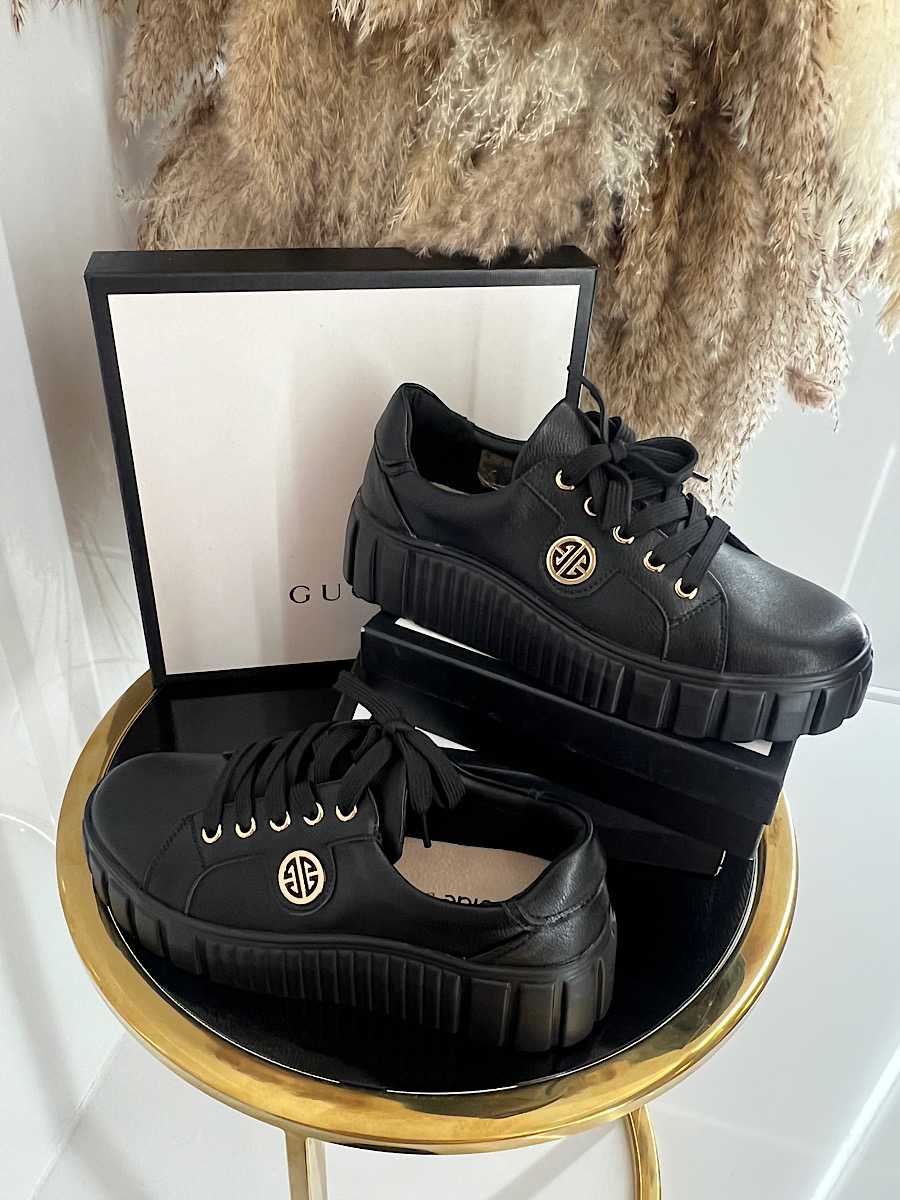 B685 Buty Sneakersy Damskie Premium Skóra Naturalna Czarne na Platformie