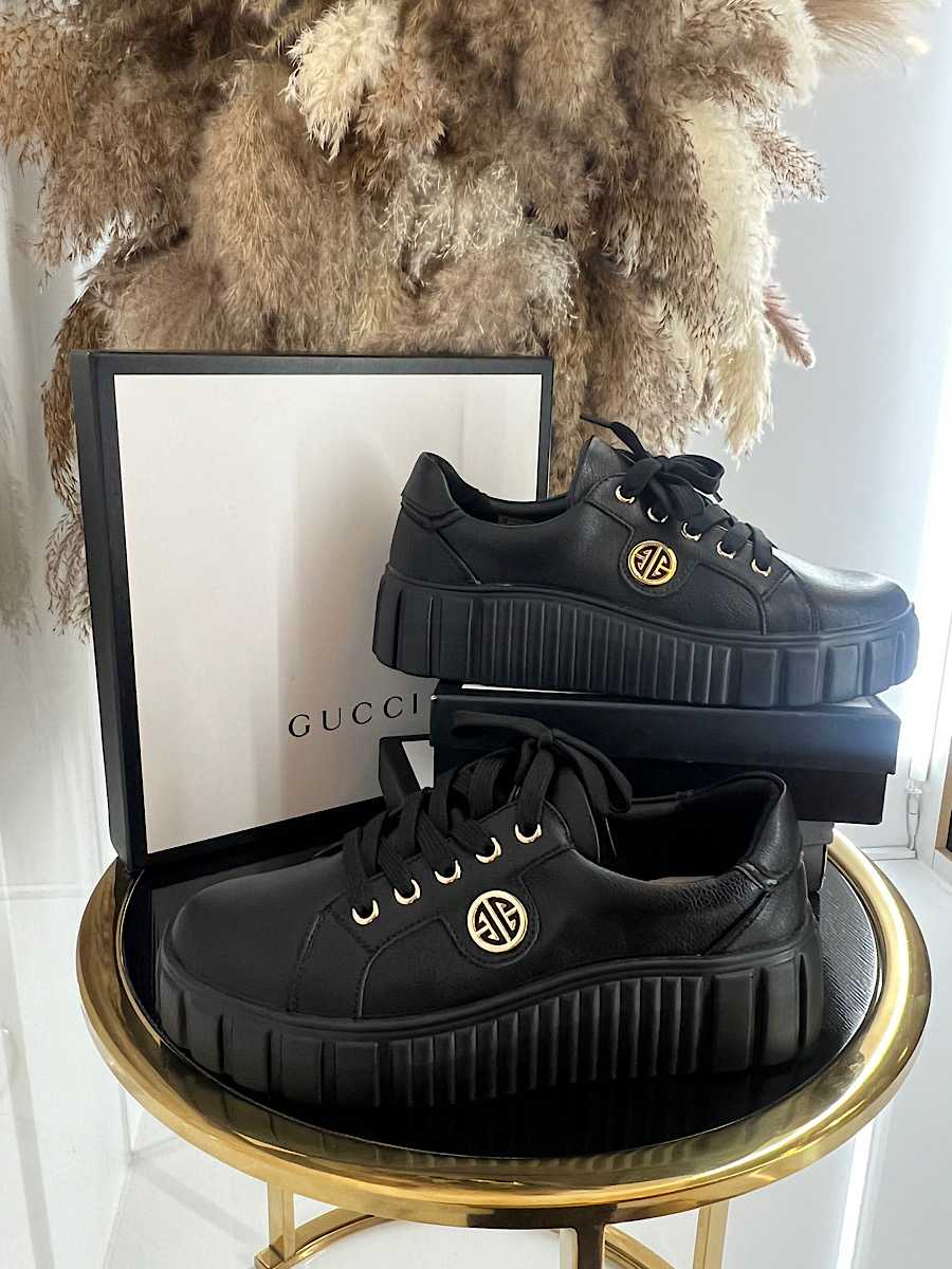 B685 Buty Sneakersy Damskie Premium Skóra Naturalna Czarne na Platformie