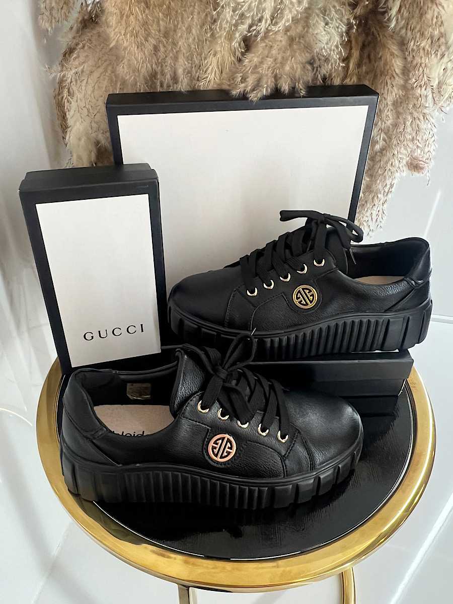 B685 Buty Sneakersy Damskie Premium Skóra Naturalna Czarne na Platformie