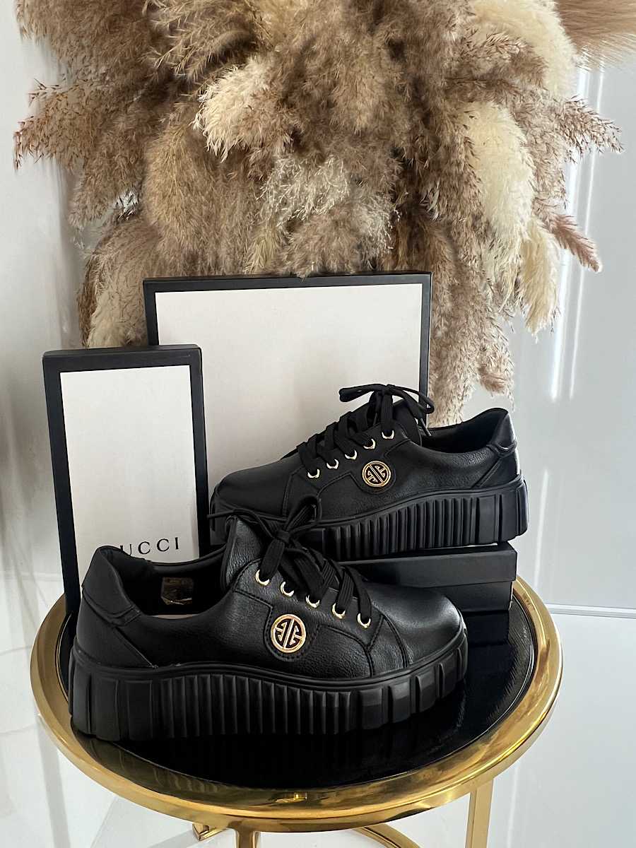 B685 Buty Sneakersy Damskie Premium Skóra Naturalna Czarne na Platformie