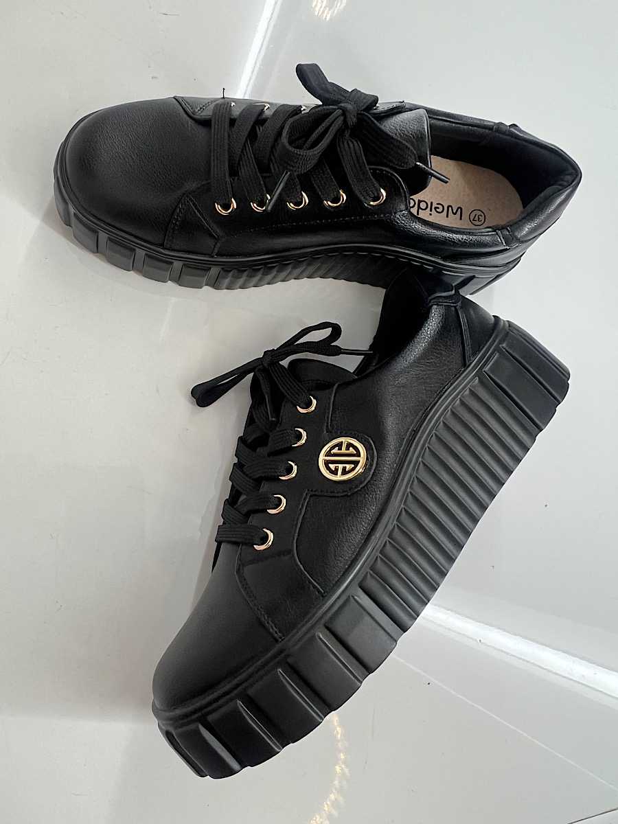 B685 Buty Sneakersy Damskie Premium Skóra Naturalna Czarne na Platformie