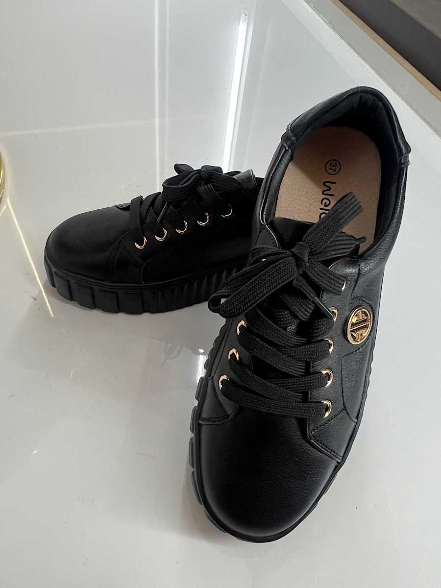 B685 Buty Sneakersy Damskie Premium Skóra Naturalna Czarne na Platformie