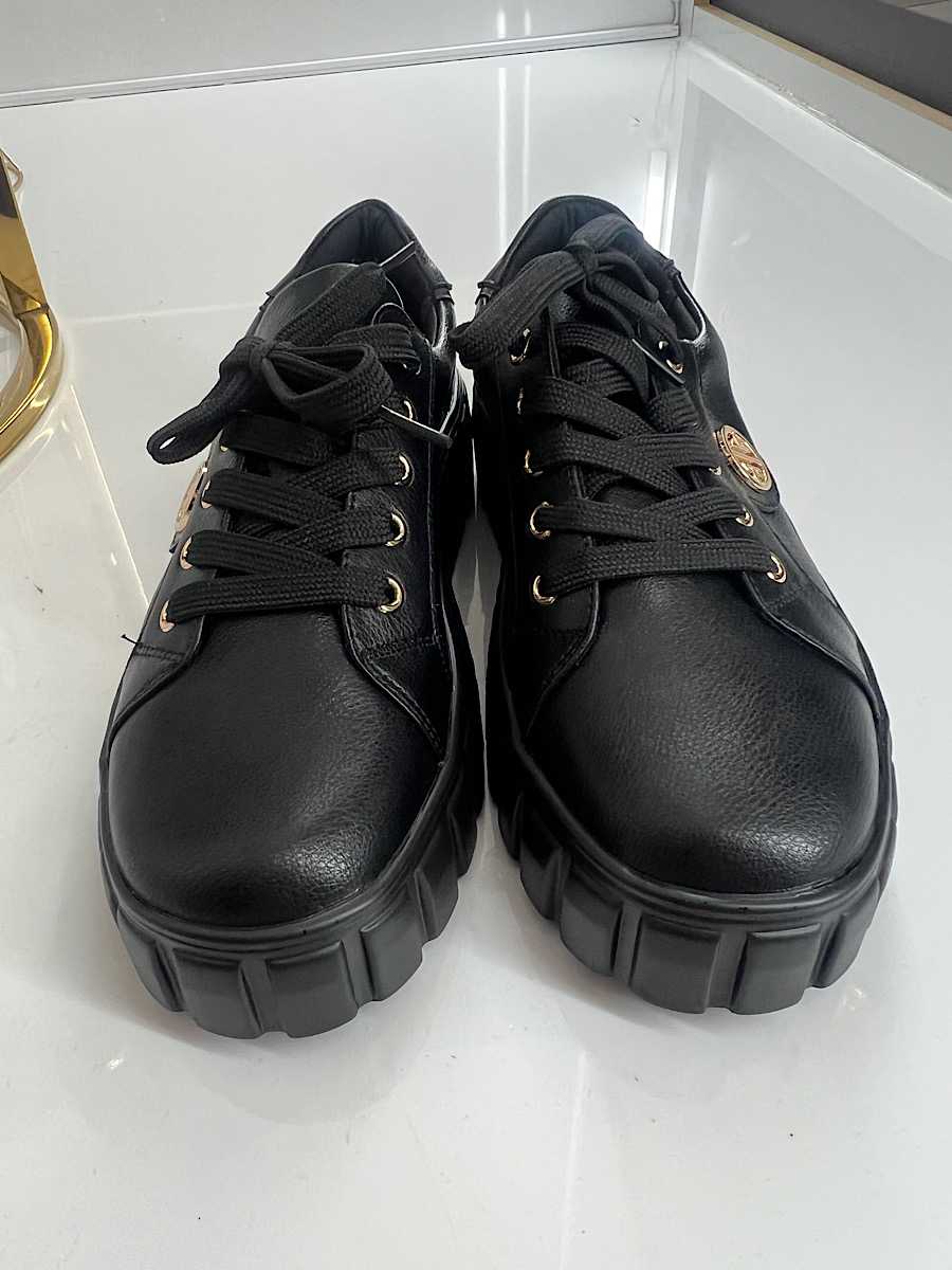 B685 Buty Sneakersy Damskie Premium Skóra Naturalna Czarne na Platformie