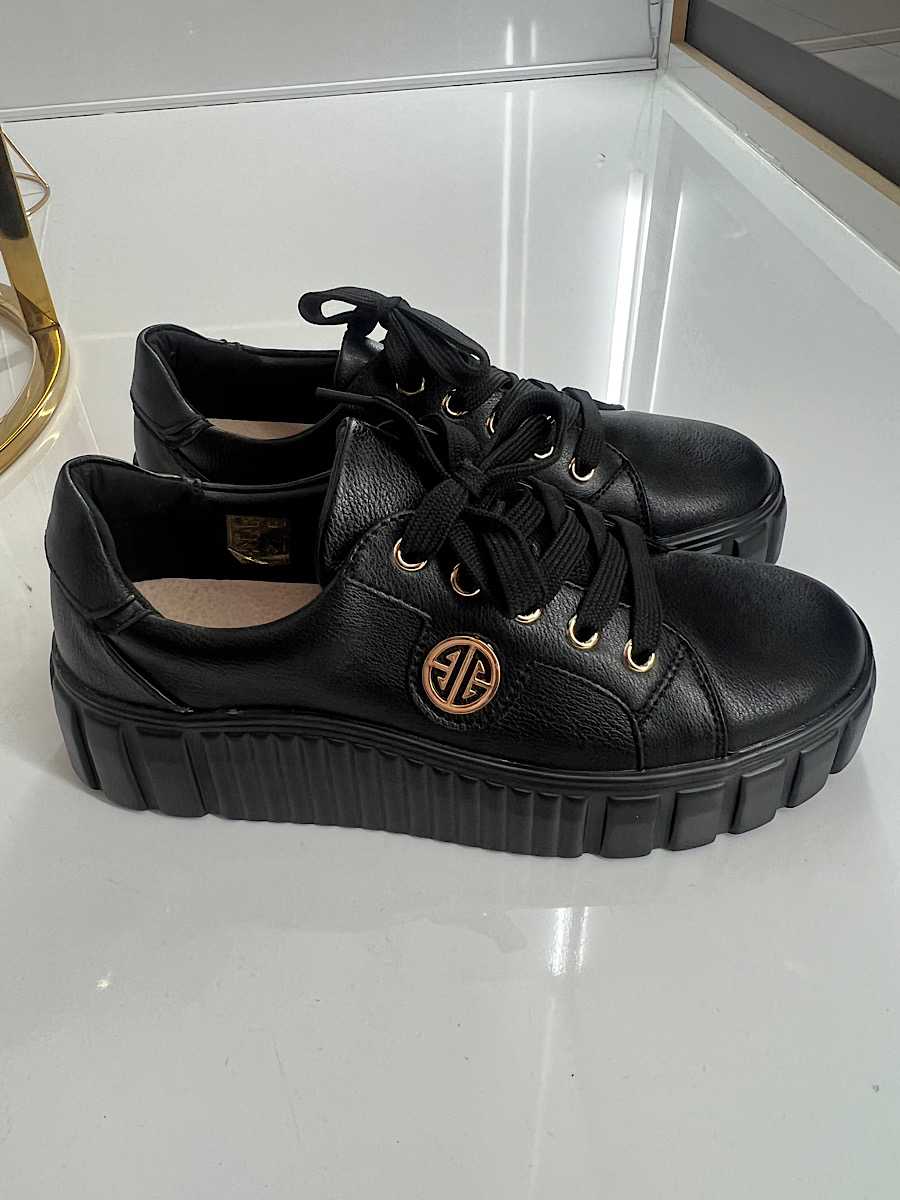 B685 Buty Sneakersy Damskie Premium Skóra Naturalna Czarne na Platformie