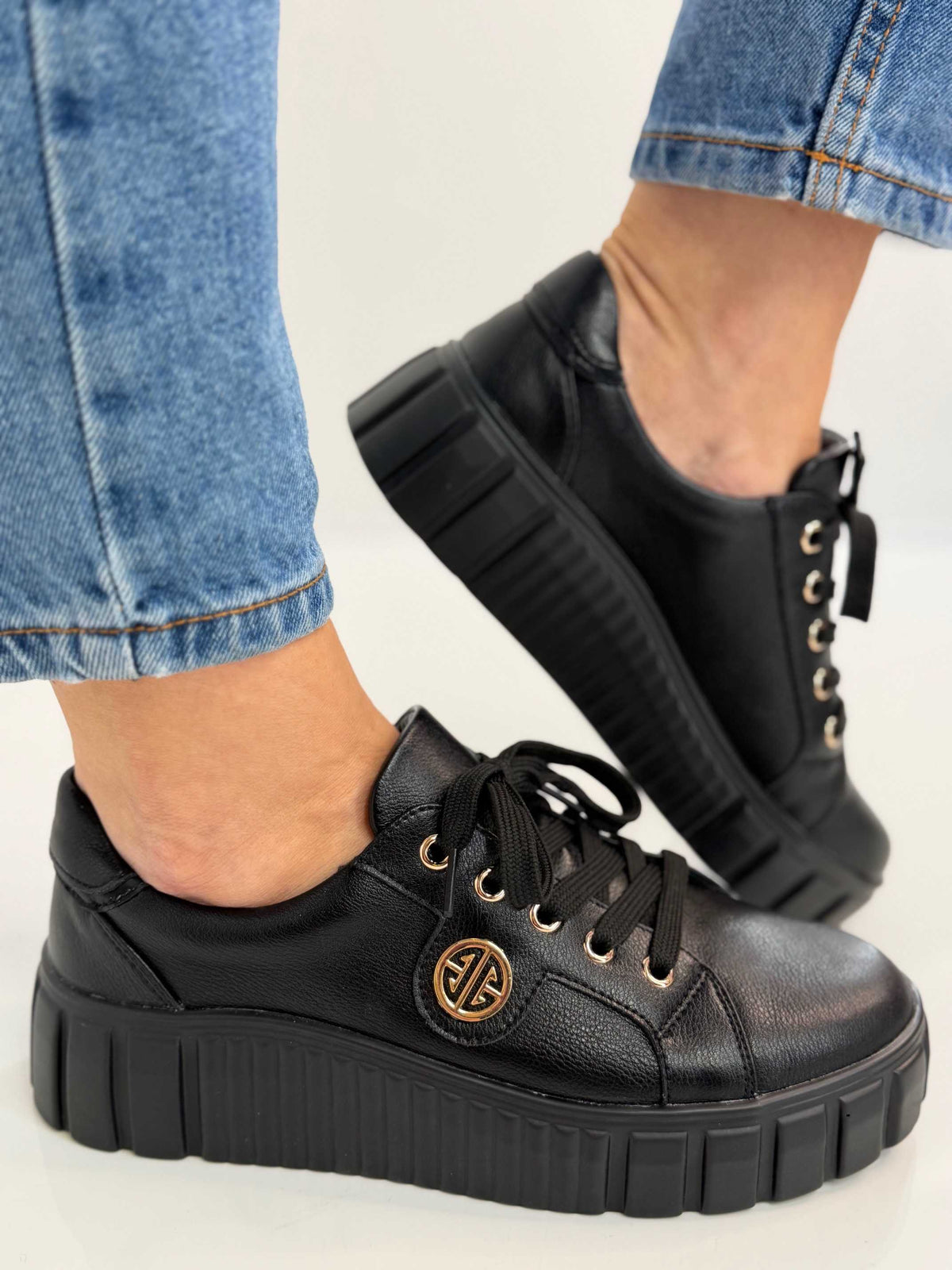B685 Buty Sneakersy Damskie Premium Skóra Naturalna Czarne na Platformie