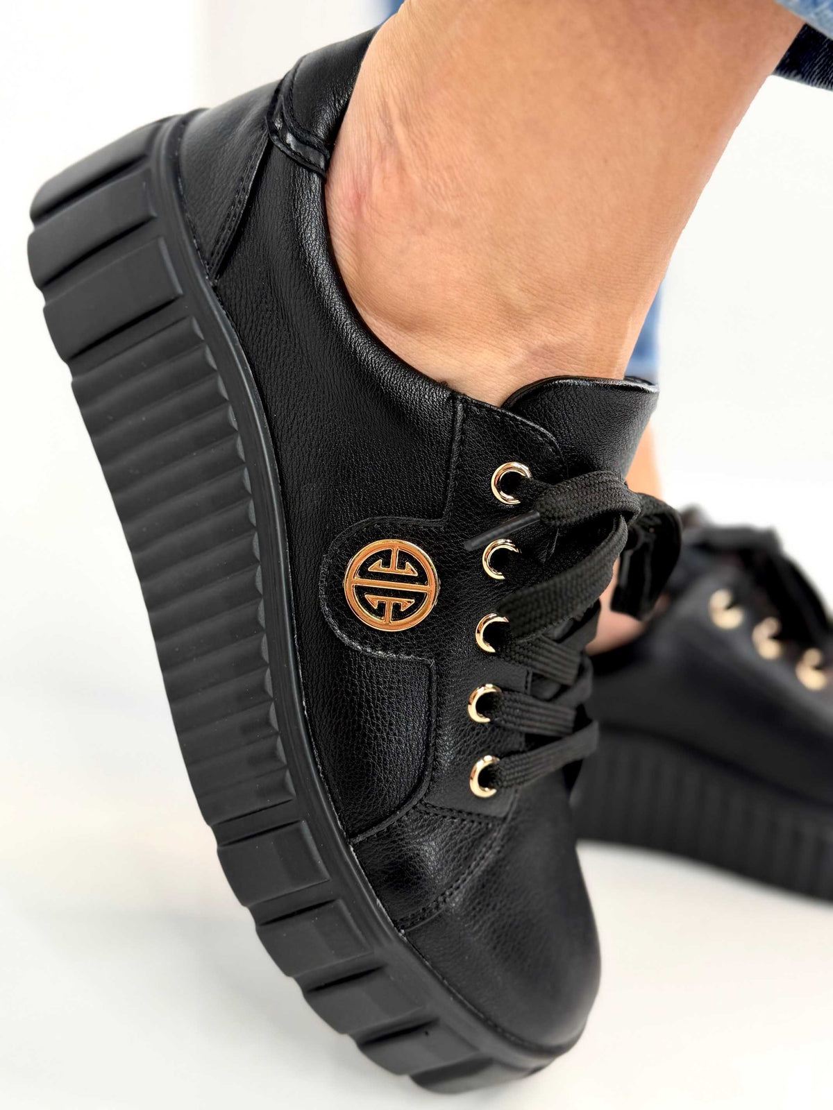 B685 Buty Sneakersy Damskie Premium Skóra Naturalna Czarne na Platformie