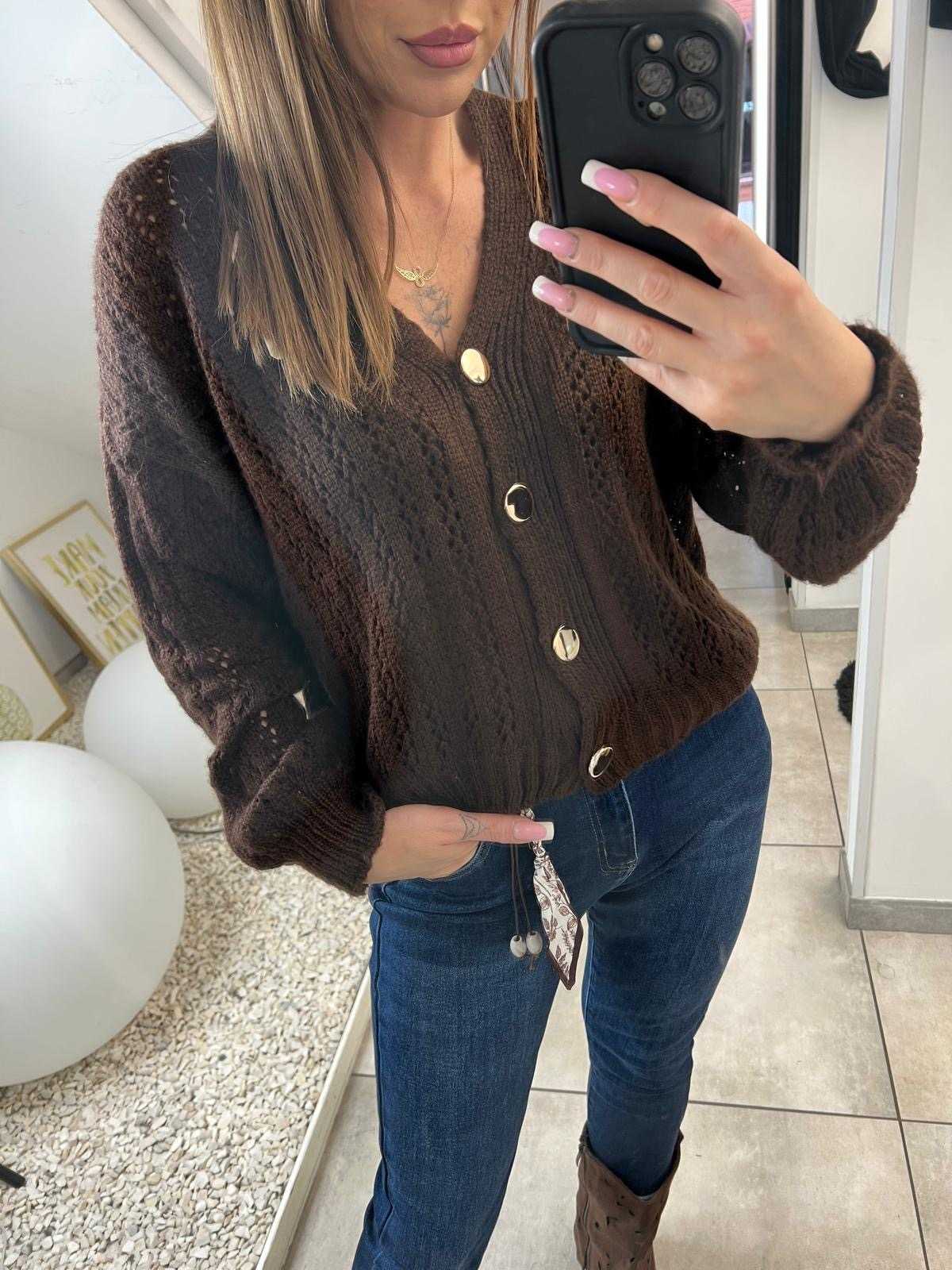 SW671 Sweter Kardigan Oversize Ażurowy Złote Guziki  Czekolada