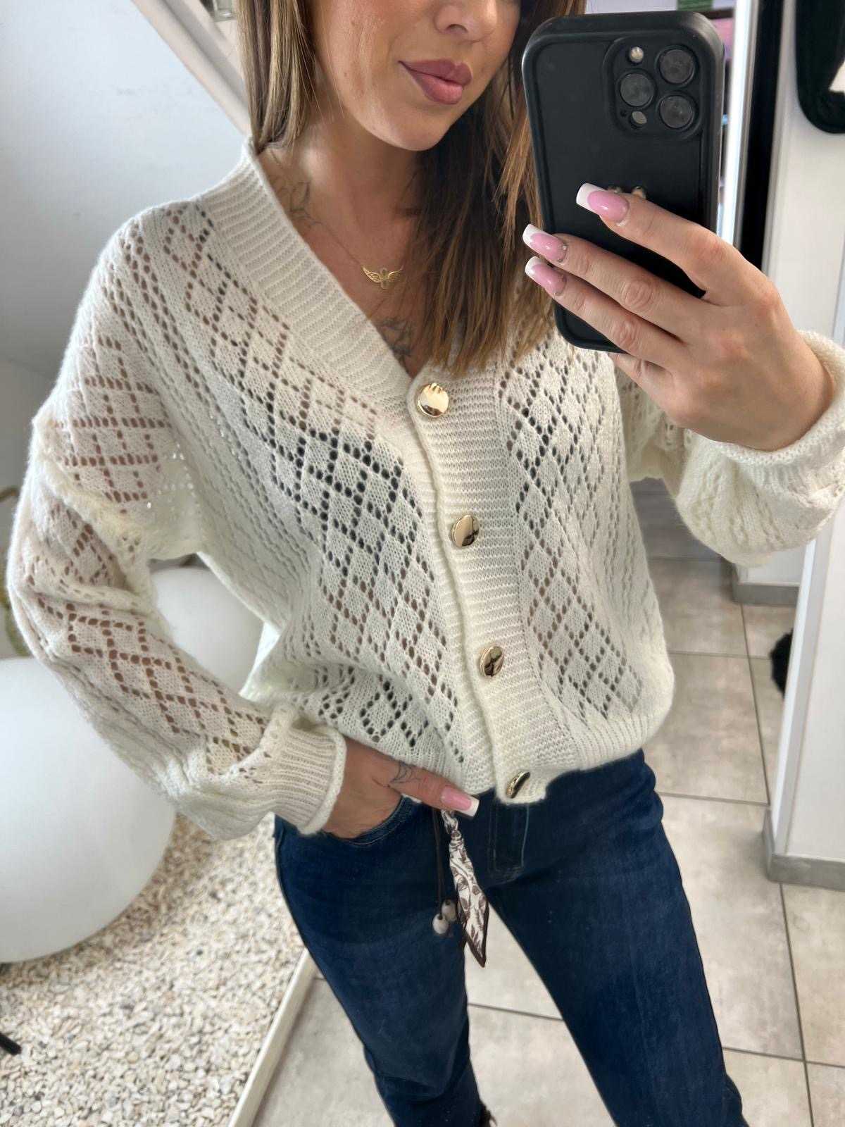 SW671 Sweter Kardigan Oversize Ażurowy Złote Guziki Beżowy