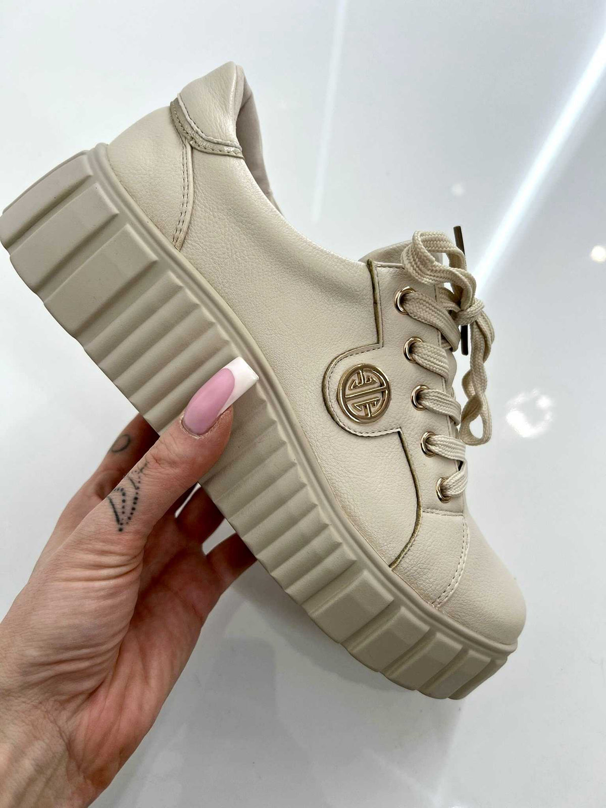 B685 Buty Sneakersy Damskie Premium Skóra Naturalna Beżowe na Platformie