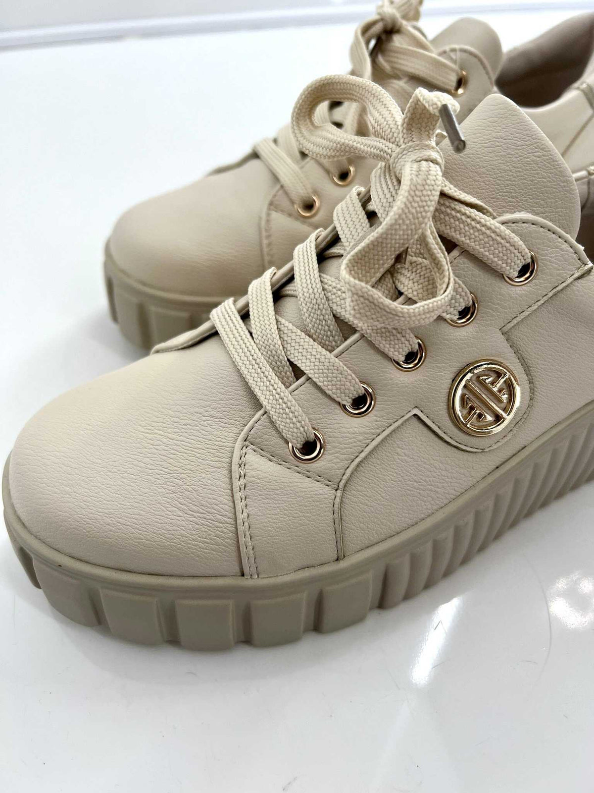 B685 Buty Sneakersy Damskie Premium Skóra Naturalna Beżowe na Platformie