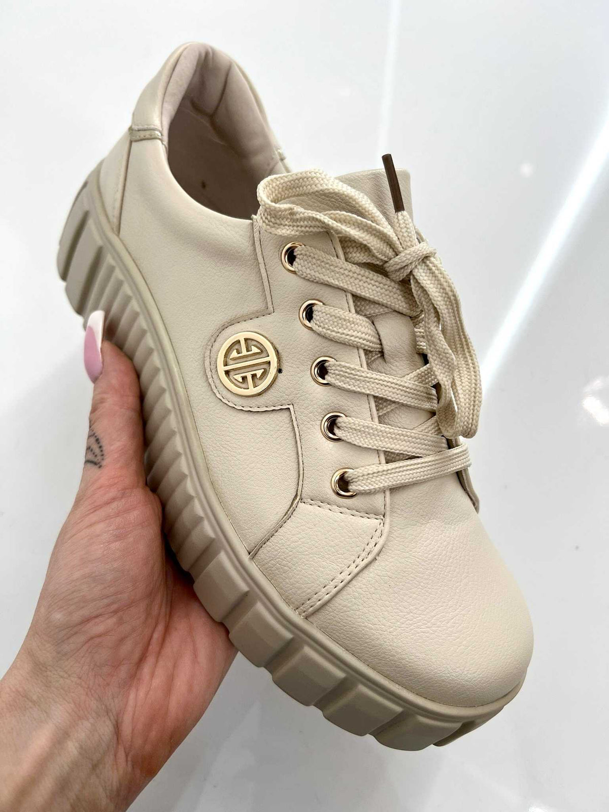 B685 Buty Sneakersy Damskie Premium Skóra Naturalna Beżowe na Platformie