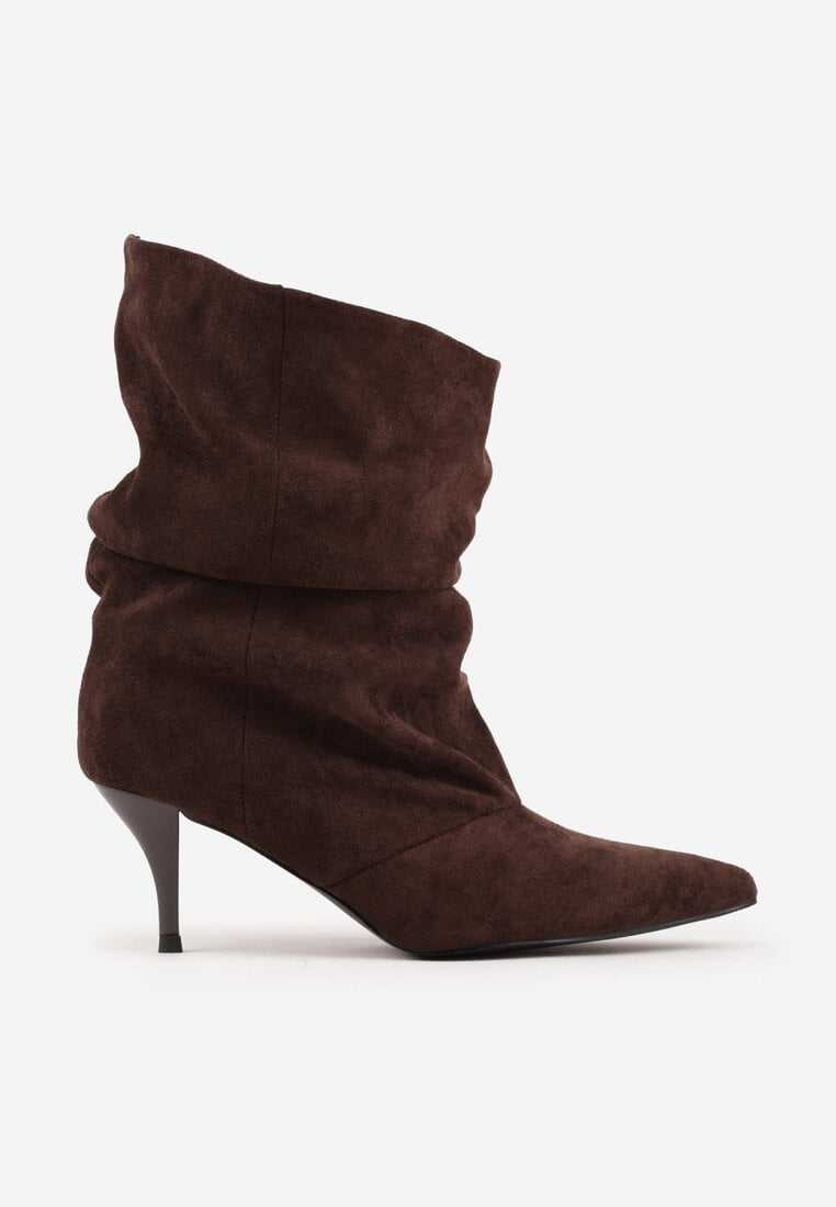 B691 Buty Botki Damskie Eko Zamszowe Szpic Szpilka Brązowe Wsuwane