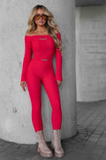 LM670 Spodnie Legginsy Damskie La Monne Line Prążek z Naszywką Czerwone