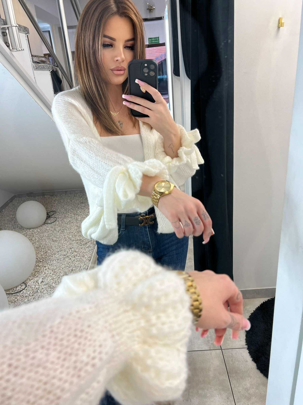 SW148 Sweter Kardigan Damski Oversize Rękawy Falbanki Biały