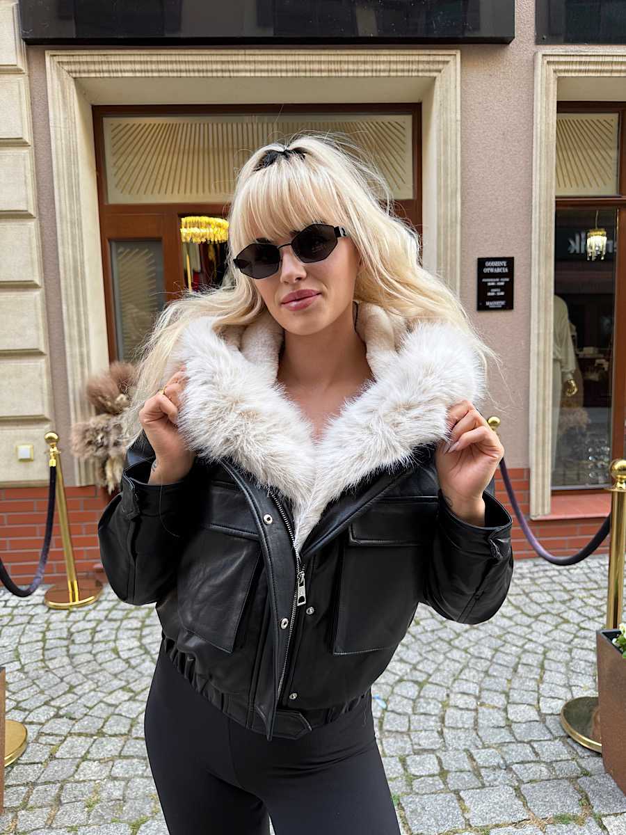 DM789 Kurtka Skórzana z odpinanym Kołnierzem z Futerka Czarna