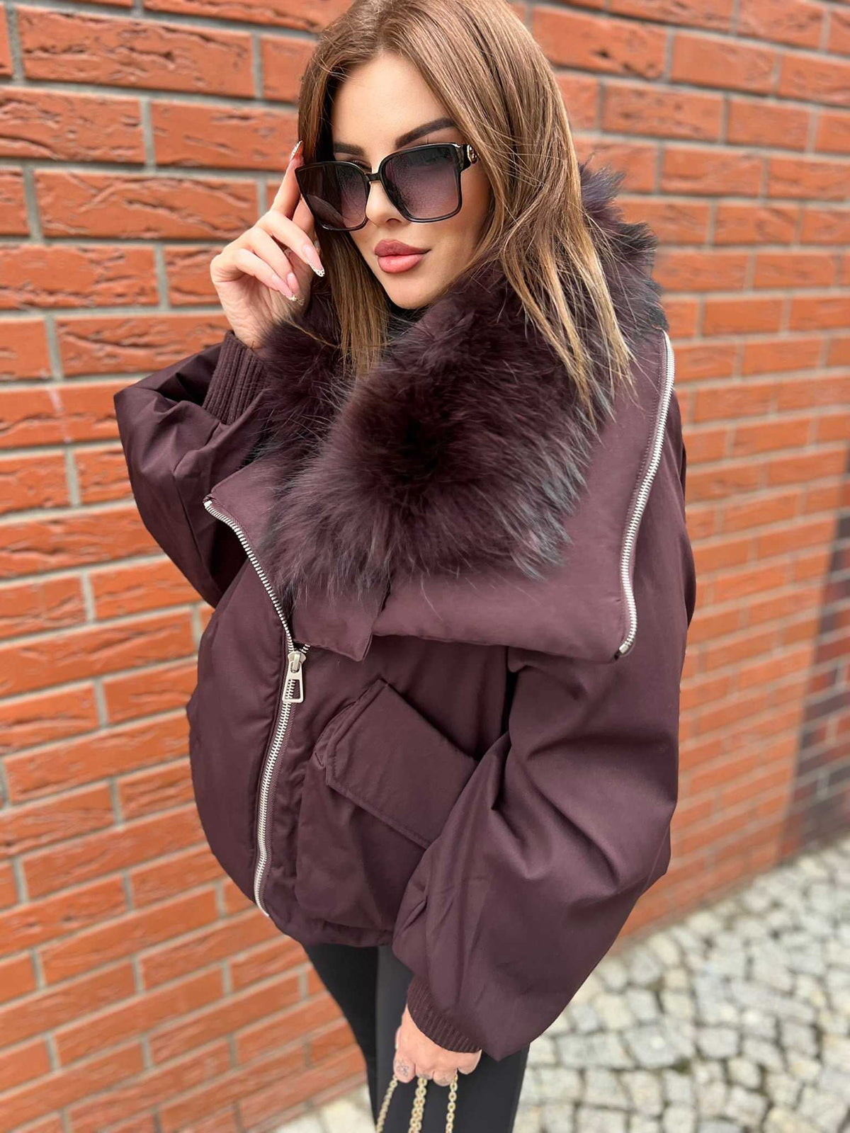 K697 Kurtka Zimowa Puchowa ZIP Bordowa + Kaptur Jenot
