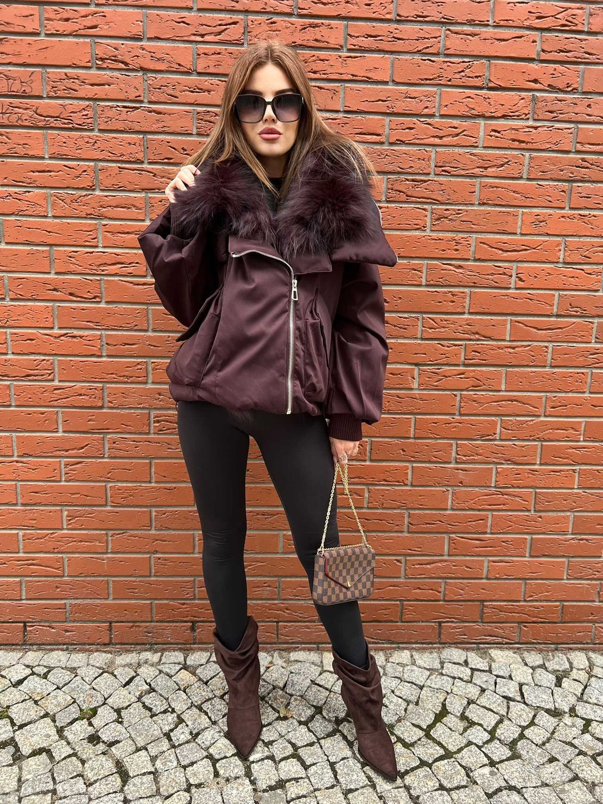 K697 Kurtka Zimowa Puchowa ZIP Bordowa + Kaptur Jenot