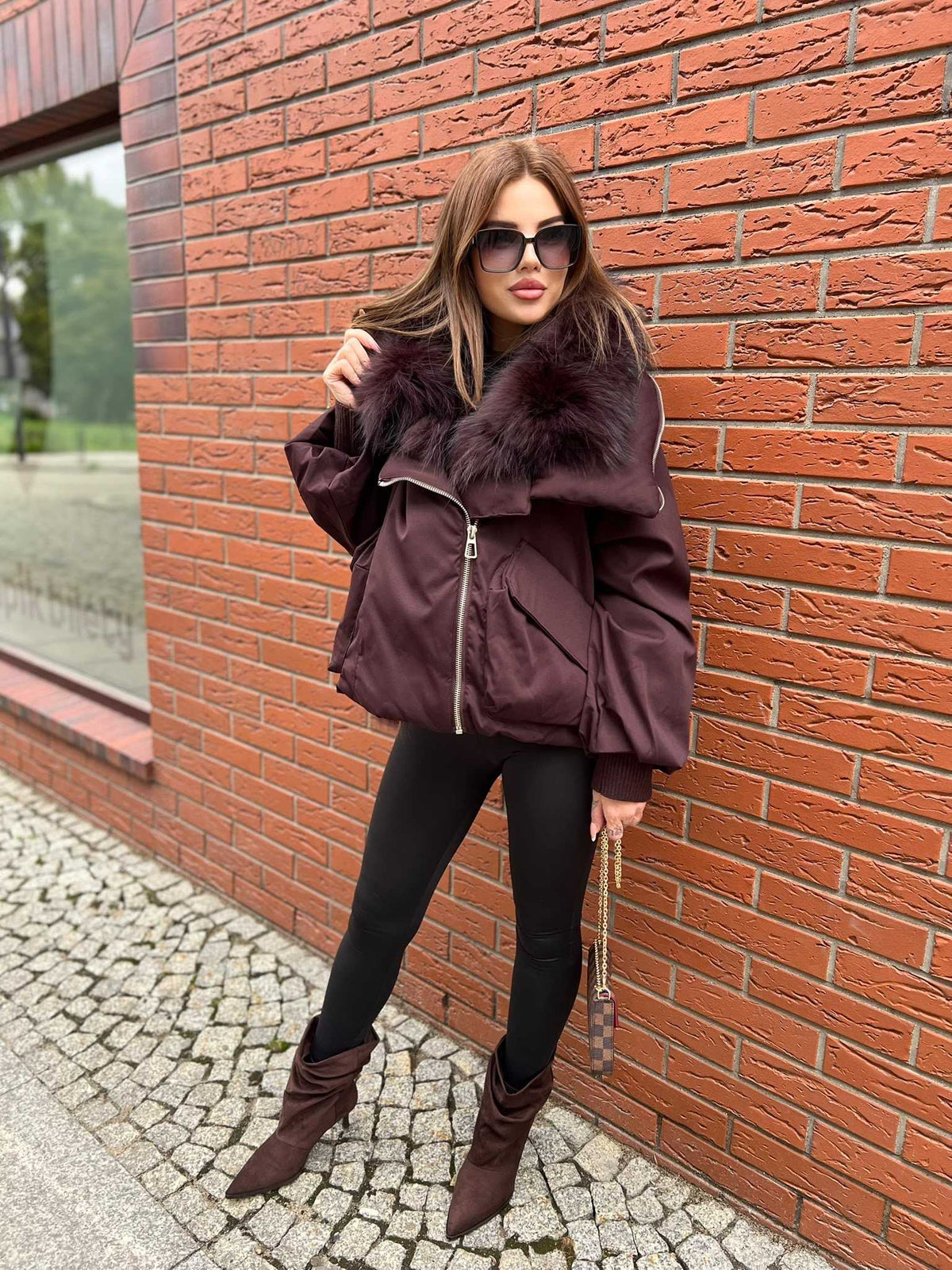 K697 Kurtka Zimowa Puchowa ZIP Bordowa + Kaptur Jenot