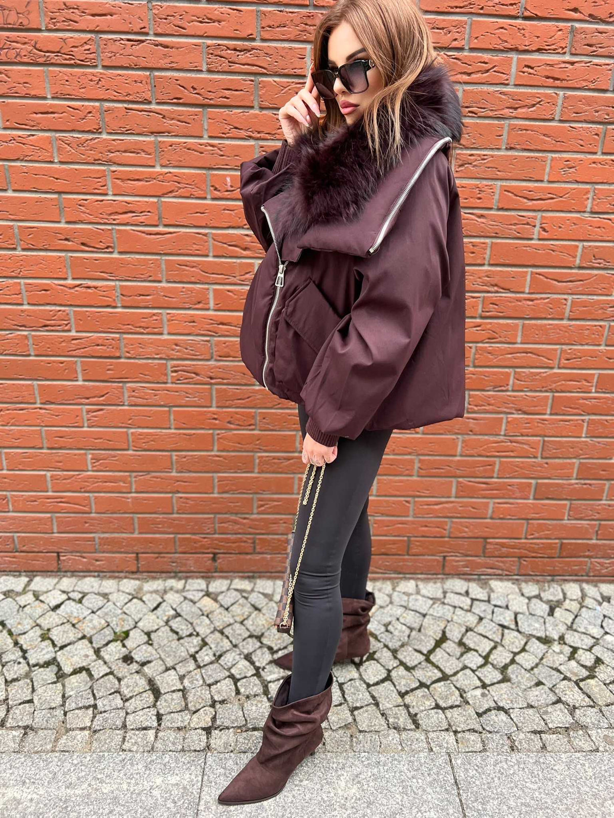 K697 Kurtka Zimowa Puchowa ZIP Bordowa + Kaptur Jenot