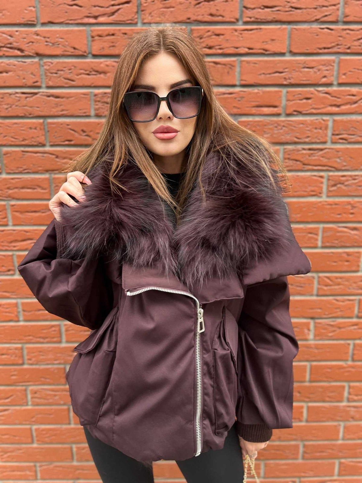 K697 Kurtka Zimowa Puchowa ZIP Bordowa + Kaptur Jenot