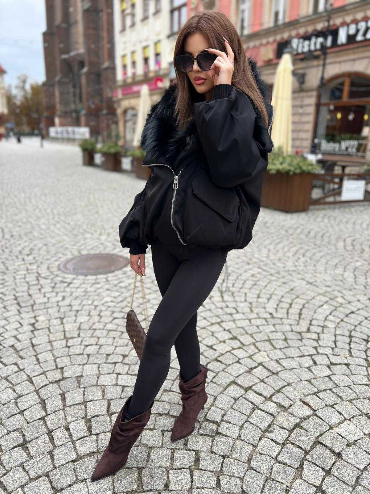 K697 Kurtka Zimowa Puchowa ZIP Czarna  + Kaptur Jenot