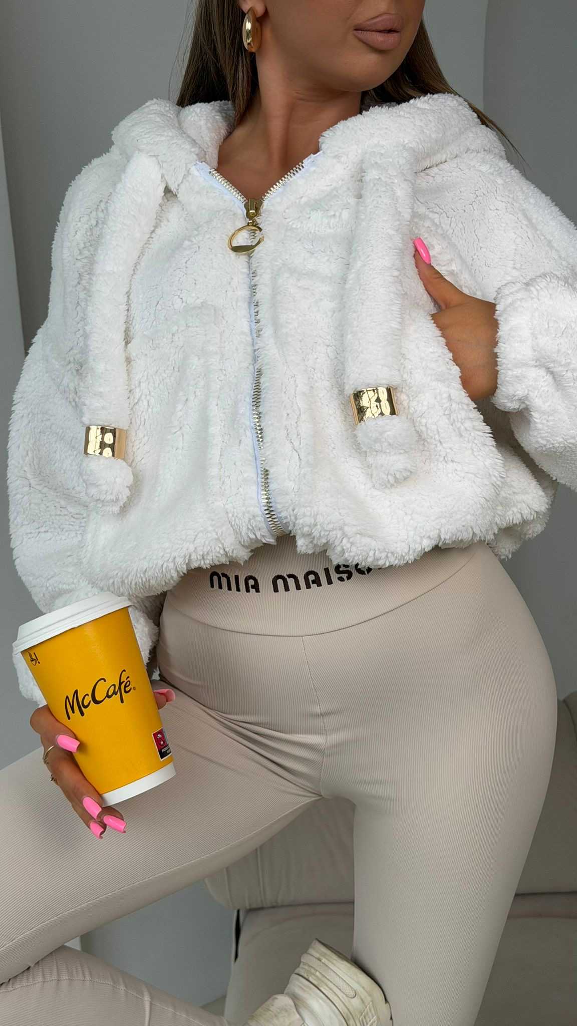 MM787 Bluza Damska na Zamek z Kapturem Teddy na Mia Maison Biała