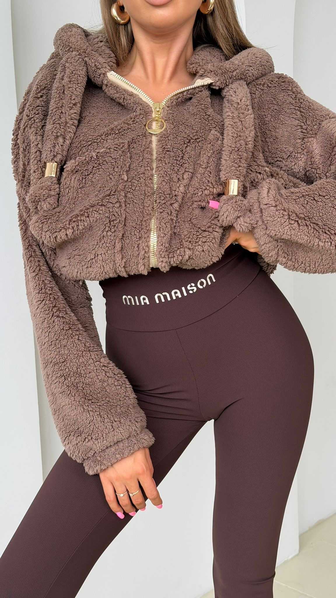 MM787 Bluza Damska na Zamek z Kapturem Teddy na Mia Maison Mleczna Czekolada