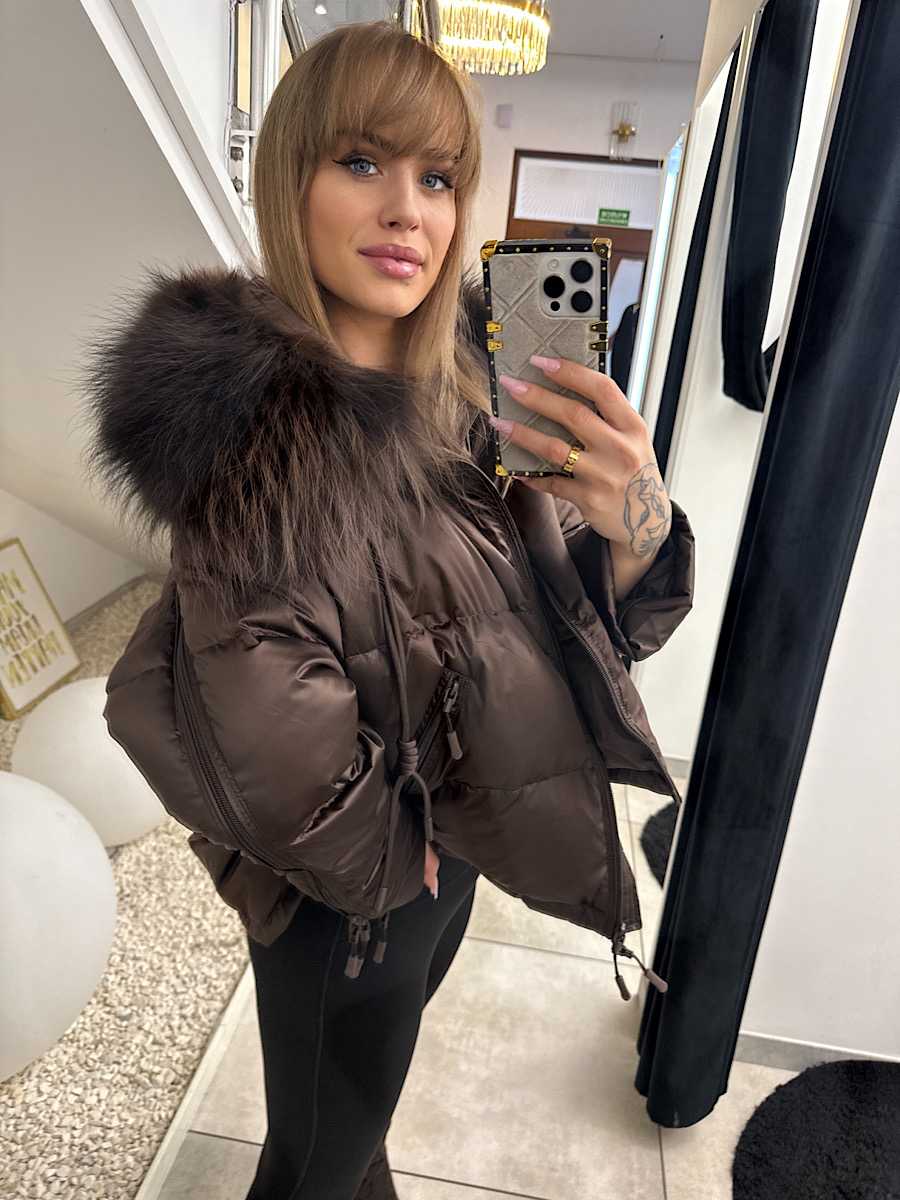 DM377 Kurtka Puchowa Czekolada z Zamkami i z Naturalnym Obszyciem